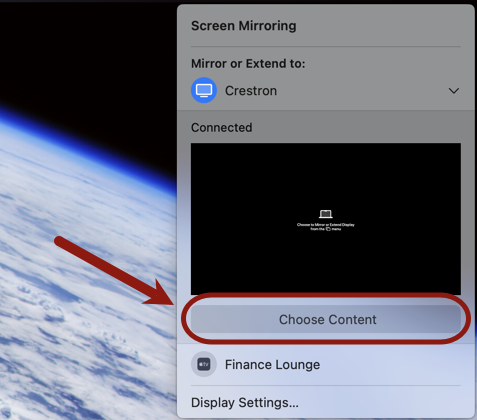 Screenshot of the screen mirroring dialog with an arrow pointing to choose content